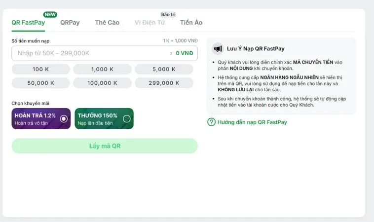 Giao diện nạp tiền ANO88